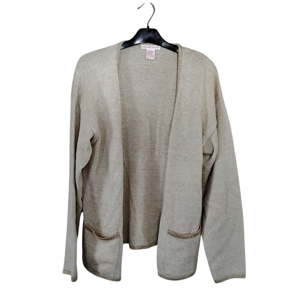 Halston III Vintage Gold Metallic Shimmer Cardigan Sweater Open Front Womens M